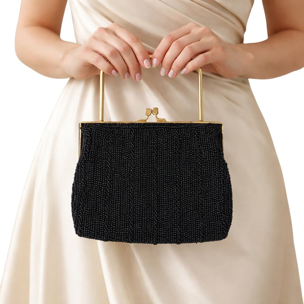 Vintage 70s Ruchere Black Beaded Gold Frame Evening Clutch Purse Top Handle